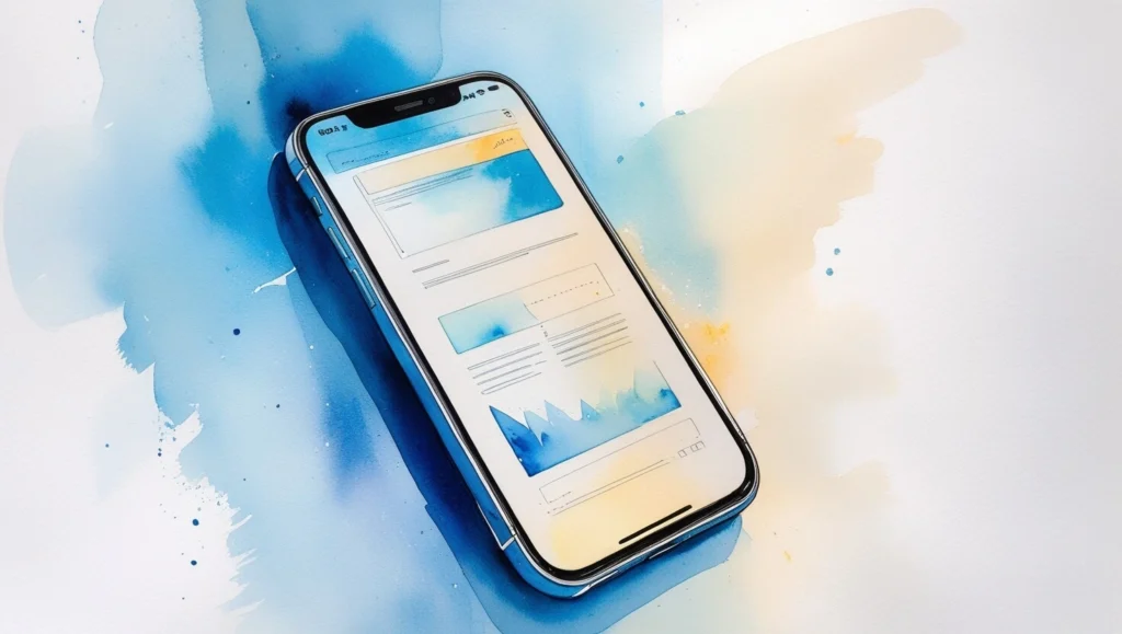 SEO tekniklerine uyumlu modern bir akıllı telefon ekranının, temiz ve minimalist bir arayüze sahip bir web sitesini görüntülediği canlı bir suluboya resmi