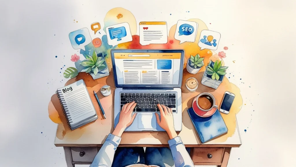 Sulu boya tarzında, işletme web sitesi için içerik oluşturmayı gösteren illüstrasyon. Laptop ekranında blog yazısı açık, yanında kahve fincanı ve not defteri var. SEO ve sosyal medya simgeleri havada süzülüyor.