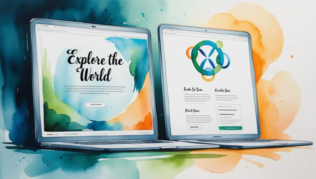 Yan yana görüntülenen iki farklı dijital landing page gösteren suluboya resim