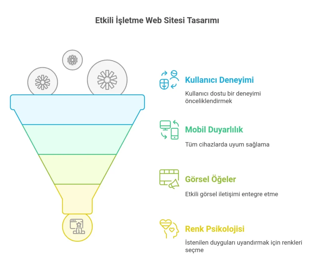 işletme web sitesi tasarımında kullanıcı deneyimi, mobil uyumluluk, görsel öğelerin ve renk psikolojisinin önemini gösteren bir illüstrasyon.